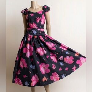 Laura Ashley Sz 14  80s Pink Black Floral Print 100% Cotton Day Dress 50s Style